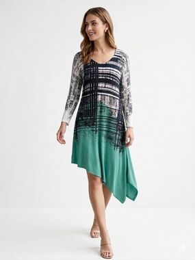 NIC+ZOE Sunlit Strokes Asymmetrical Linen Blend Knit Dress - Teal / Black